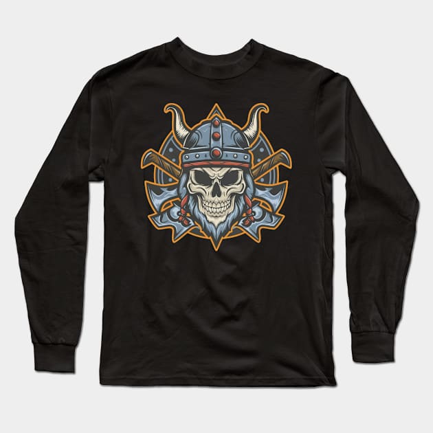 Traditional Vikings Skull Tattoo Long Sleeve T-Shirt by Goku Creations